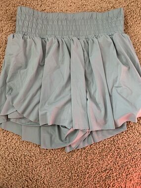High-Waist Flowing Athletic Shorts with Smocked Waist in Sage Green